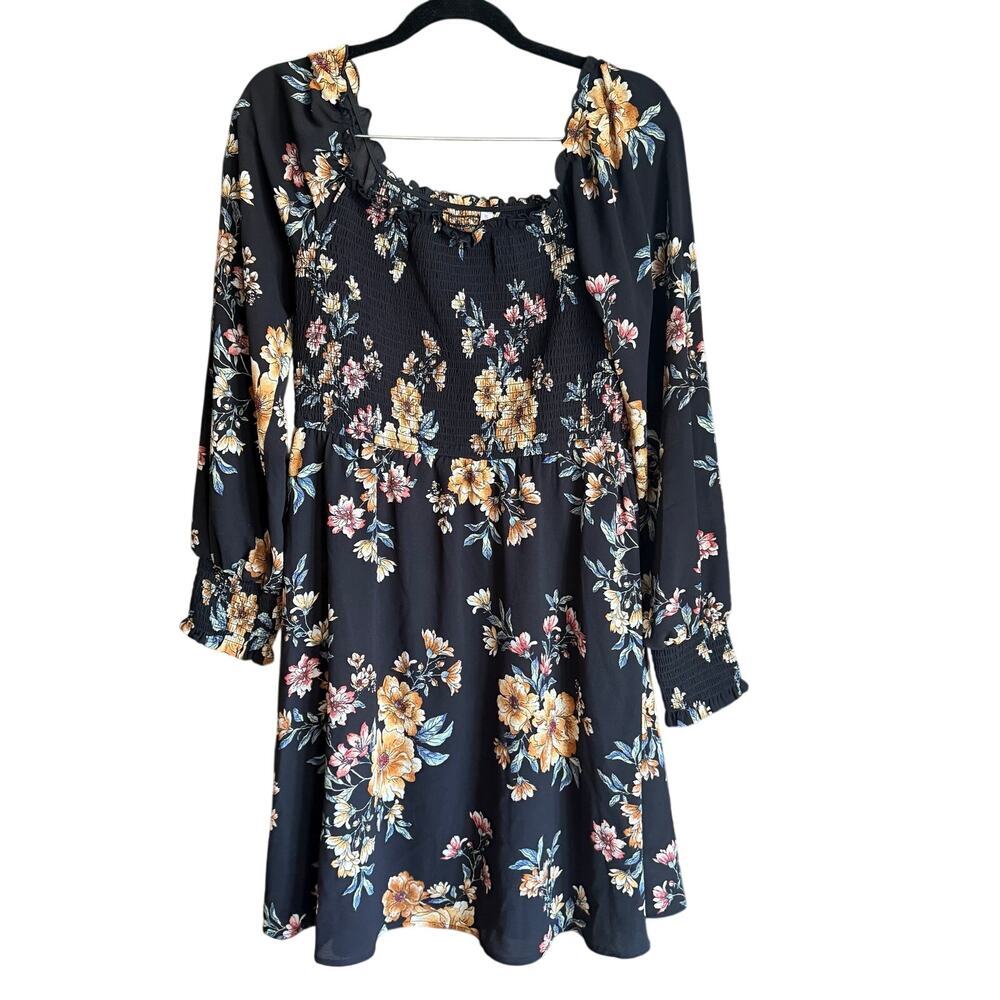 Black Floral Babydoll Ruched A-line Dress Sz XL Boho 90's Y2K Indie Romantic NWT - Picture 1 of 10